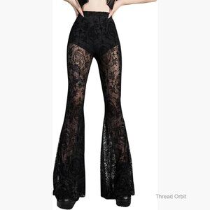 High Waisted Flared Bell Bottom Pants with Lace Patchwork Design